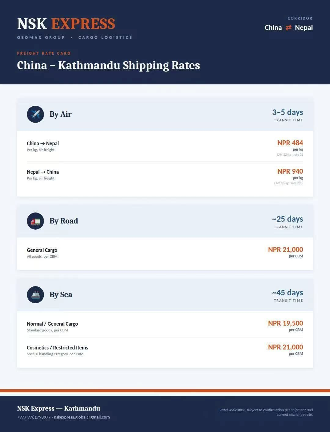 NSK Express company freight rate card